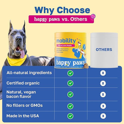 Happy Paws Hip & Joint Supplement for Dogs, Joint Health & Mobility Support for All Breeds & Ages, Made with Hyaluronic Acid & Turmeric, Vegan Bacon Flavor, Organic, Non GMO, 200 Soft Chews