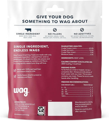 Amazon Brand - Wag Freeze-Dried Raw Single Ingredient Dog Treats, Beef Liver, High Protein, Health Training Treats or Meal Topper for all Dogs, Grain-Free, 3.3 Ounce (Pack of 1)