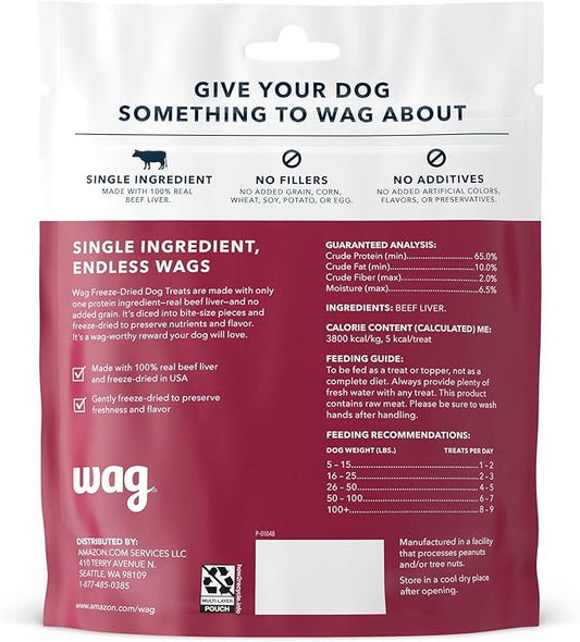 Amazon Brand - Wag Freeze-Dried Raw Single Ingredient Dog Treats, Beef Liver, High Protein, Health Training Treats or Meal Topper for all Dogs, Grain-Free, 3.3 Ounce (Pack of 1)