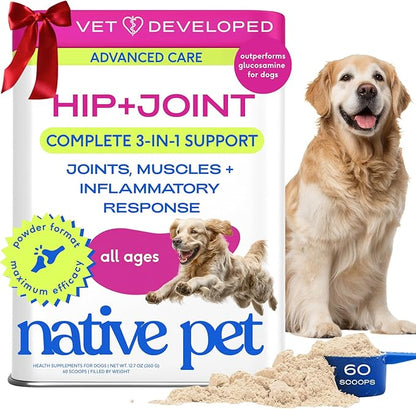 Native Pet Advanced Care - Hip & Joint Supplement for Dogs - Supports Joints, Cartilage, Muscles & Anti-Inflammatory with HMB, UC-II Collagen, Green Lipped Mussel & Hyaluronic Acid - 60 Scoops