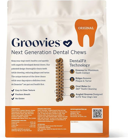 Groovies Flexible, Yet Moderately Tough Daily Dog Dental Chews. Powered by USA-Patented DentalFit Technology. No Added Gluten, No Artificial Flavors or Colors. Original 27oz Medium (45Chews)