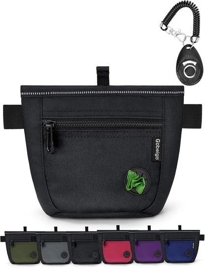 Gobeigo Dog Treat Pouch and Training Clicker, Upgrade Two Magnetic Closure to Prevent Spills, 2 Cup Treat Bag with Poop Bag Dispenser, Metal Clip Waist Belt Fanny Pack for Pet Walk (Black)