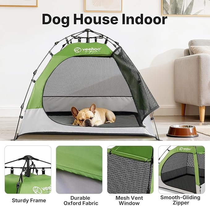 Veehoo Pop Up Pet Tent House for Indoor Outdoor, Portable Dog Tent & Cat House Shelter, Waterproof Foldable Automatic Dog Kennel to Small Medium Pets & Feral Cats