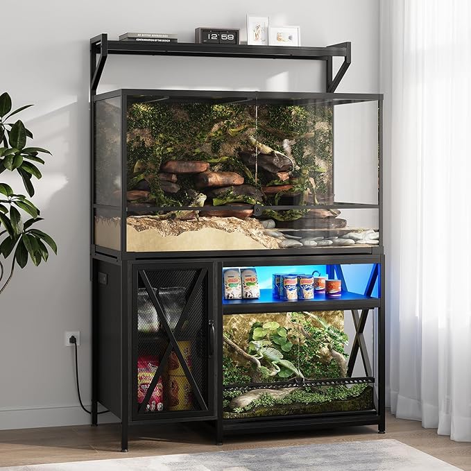 40-120 Gallon Reptile Tank Stand with Power Outlet, 48" X 69" Terrarium Enclosure with Storage Cabinet, Heavy Duty Large Aquarium Stand for Bearded Dragon, Snakes, Lizards