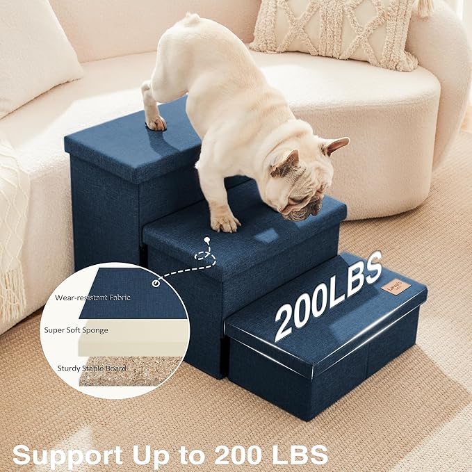 Love's cabin Dog Stairs with Storage,3 Steps Wider Dog Steps for High Bed 18" H,Foldable Pet Stairs for Small Medium Large Dogs Cats for Bed Couch Car, Ramp with Zip up to 200 lbs,Navy Blue, No Condo