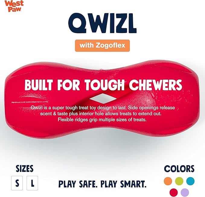 WEST PAW Zogoflex Qwizl Dog Puzzle Treat Toy – Interactive Chew Toy for Dogs – Dispenses Pet Treats – Brightly-Colored Dog Enrichment Toy for Aggressive Chewers, Fetch, Catch, Large 6.5", Ruby
