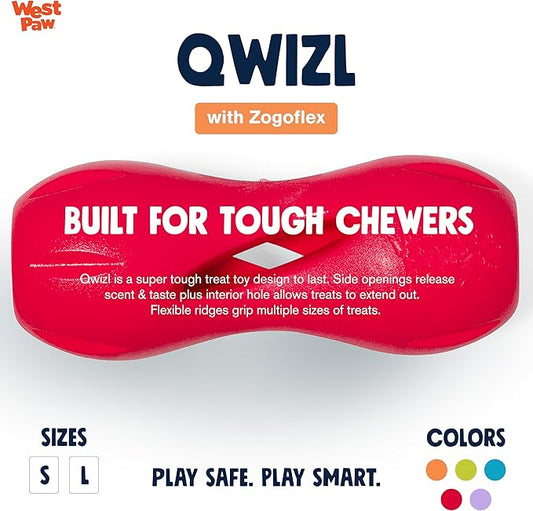 WEST PAW Zogoflex Qwizl Dog Puzzle Treat Toy – Interactive Chew Toy for Dogs – Dispenses Pet Treats – Brightly-Colored Dog Enrichment Toy for Aggressive Chewers, Fetch, Catch, Large 6.5", Ruby