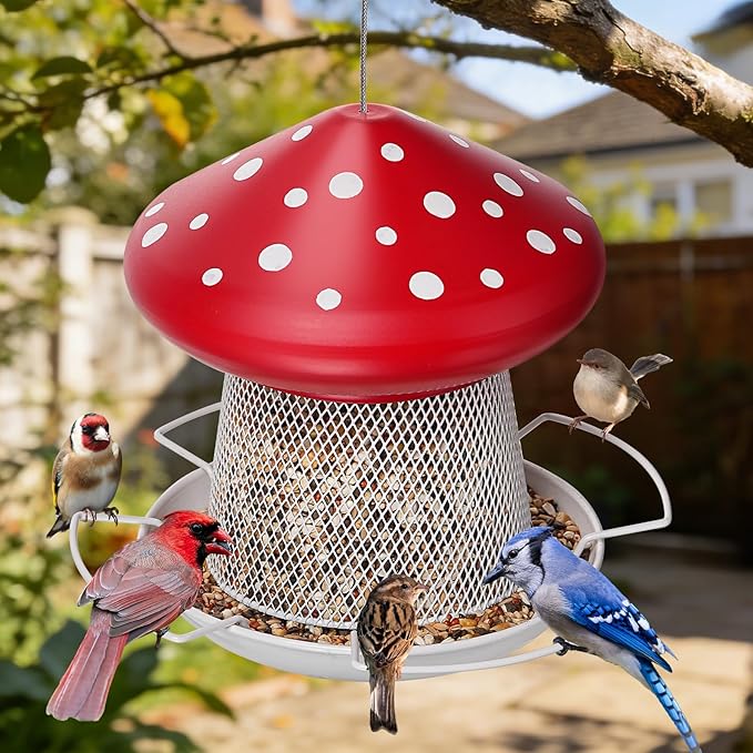 IWNTWY Bird Feeder, Heavy Duty Metal Bird Feeders for Outdoor Hanging, Cute Mushroom Shape 3.5 LB Large Capacity Wild Birdfeeder for Outside Garden Yard (Red)