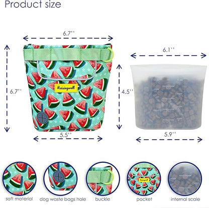 Dog Treat Pouch for Pet Walking and Training with Clicker 2 Cup Silicone Bag Small Fanny Pack Holder for Puppy Snack Dispenser Kit for Leash and Outdoor Use (Watermelon)