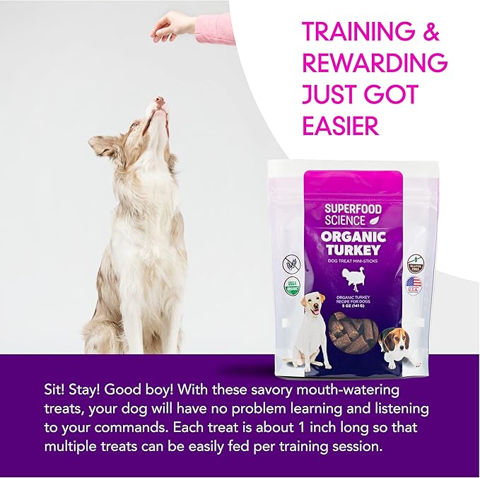 Organic Dog Treats for Small, Medium & Large Dogs – All-Natural Turkey Training Treats for Puppies & Adult Dogs, Grain-Free, Hypoallergenic, Healthy, Low-Calorie, Semi-Soft Chews, Made in USA, 5 oz