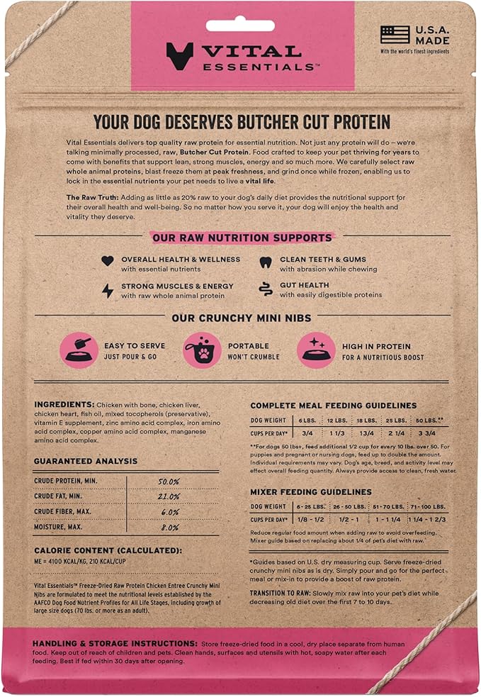 Vital Essentials Freeze-Dried Raw Chicken Crunchy Mini Nibs | Complete Meal or Mixer Dog Food | 14 oz