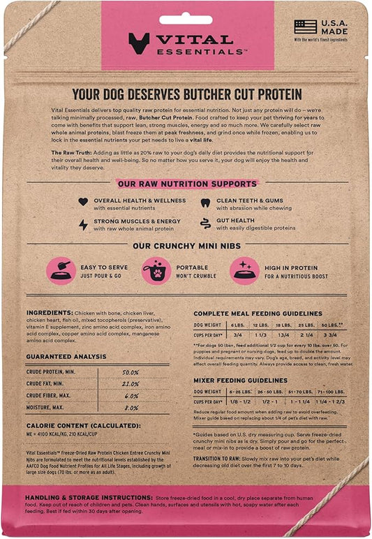 Vital Essentials Freeze-Dried Raw Chicken Crunchy Mini Nibs | Complete Meal or Mixer Dog Food | 14 oz