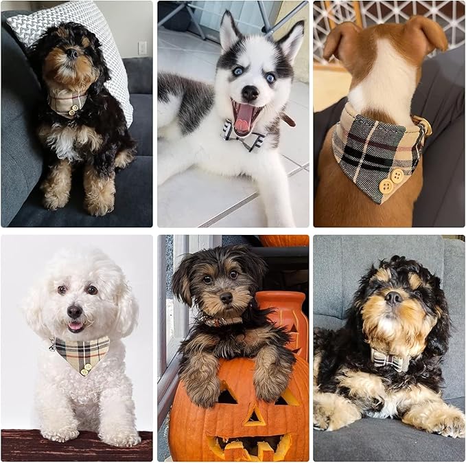 KOOLTAIL Pink Girl Dog Collar and Leash Set for Small Dogs with Bowtie and Bells - Puppy Collar and Leash with Classic Plaid Matching Pattern, Soft Leather Tangle Free Leashes for Small Dogs