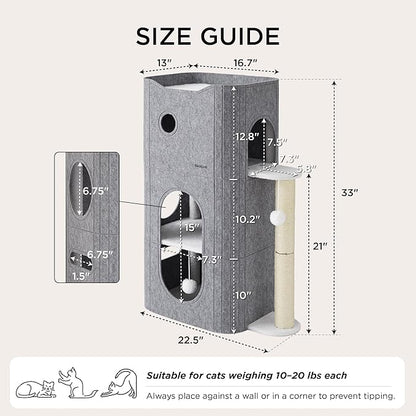 Bedsure 3-Level Indoor Cat Bed- Cat Condos Small Cat Tree for Multiple Kitties to Play Sleep,Hideaway Cave, Fluffy Ball, Scratching Post, 22.5x31.5x13, Grey