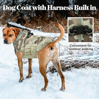 Lelepet Warm Dog Winter Coat Dog Coats for Large Dogs Waterproof Dogs Jacket with Harness Built in Reflective Cold Weather Coats Windproof Zip-Up Winter Fleece Vest Snowsuit Pitbull Desert Camo XXL
