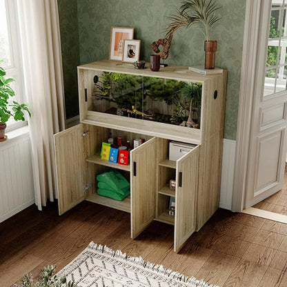 DAWNSPACES Terrarium Stand, Bearded Dragon Cage, Reptile Tank Stand Enclosure, Terrarium Table with Tempered Glass, Ventilation Holes and 2 Cabinets for Living Room, Light Oak Color