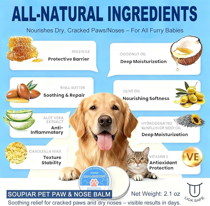 Vet-Approved Dog Paw Balm & Nose Butter 2.1oz - Lick-Safe All-Natural Moisturizer with Coconut Oil, Nourishes Dry Paws & Noses, Protects Against Hot Pavement & Winter Cold for Dogs, Cats & Horses