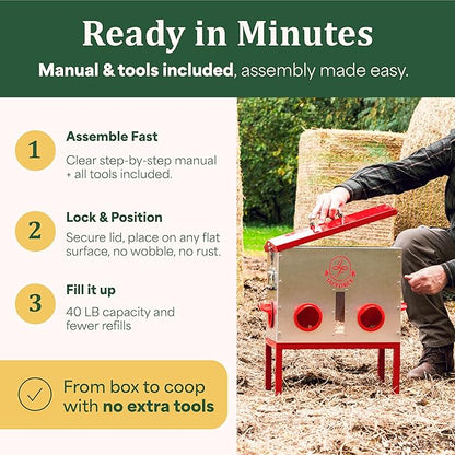 Automatic Chicken Feeder – 40lb No Waste Metal Poultry Feeder with 6 Ports, Locking Lid & Raised Legs – Stops Feed Waste & Constant Refills for Happy Chickens & Clean Coops