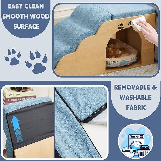 40.9" Lx15.7 Wx17.7 H Dog Ramp and Stairs for Beds,Up to 200 lbs Durable Wooden Dog Steps with Storage&Hideout Space,Curved Pet Stairs for Couch,Sofa, with Washable Cover&High Density Foam-Blue