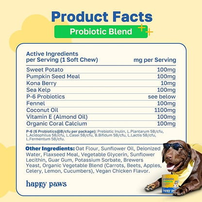 Happy Paws Probiotic Supplement for Dogs, Gut, Skin, Coat & Immune Support for All Breeds & Ages, Made with Coconut Oil & Vitamin E, Vegan Chicken Flavor, Organic, Non GMO, 100 Soft Chews