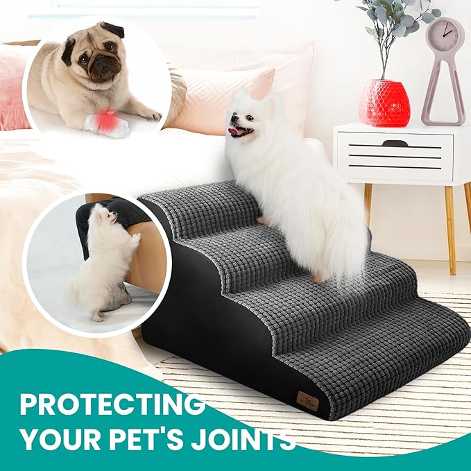 Dog Stairs for Small Dogs, 20.5 in H 4 Step Curved Dog Ramp for High Bed and Couch, Foam Dog Ramp with Durable Non-Slip Waterproof Fabric Cover, Pet Stairs for Pets Joints, Grey