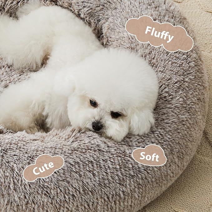 WNPETHOME Calming Dog Bed & Cat Bed, Anti-Anxiety Donut Small Dog Bed, Fluffy Faux Fur Cats Cushion Puppy Bed for Small Pets and Cats (24 x 24 inch, Light Coffee)