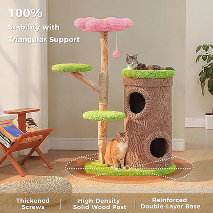 Wood Cat Tree with Flower Perch, 53.5" Modern Cat Tower w/Natural Solid Wood Scratching Post (φ3.8in), Large Heavy Duty Forest Cat Tree Furniture w/2 Condos for Indoor & Multi-Cat Household
