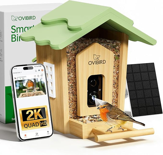 Smart Bird Feeder with Camera, 2K Video Bamboo Bird Feeders with Solar Powered, IP65 Waterproof, AI Birds ID for 10,000+ Species, WiFi Birdhouse Camera for Birds Watching Gifts