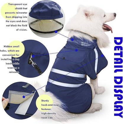 Dog Raincoat, Adjustable Rain Jacket with Hooded Double Layer for Large Medium Small Dogs Puppies, Lightweight Waterproof Rain Coat Poncho with Reflective Stripe Navy,L