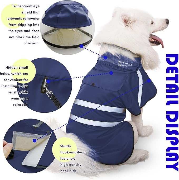Dog Raincoat, Adjustable Rain Jacket with Hooded Double Layer for Large Medium Small Dogs Puppies, Lightweight Waterproof Rain Coat Poncho with Reflective Stripe Navy,M