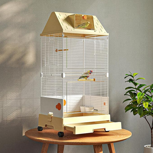 Oneluck Deluxe Bird Cage,Front Transparent Panel, Drawer Tray,Roof with Window,Side Mesh Doors,Rolling Base 18.5"x13.8"x38.5" for Small/Medium Birds,Off-White