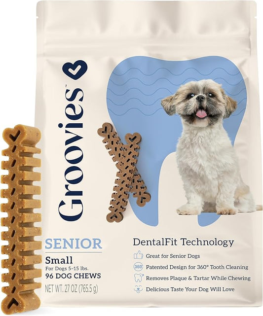Groovies Slightly Softer, Yet Flexible Dental Chew for Senior Dogs & Delicate Chewers. Powered by USA-Patented DentalFit Tech. No Added Gluten, No Artificial Flavors or Colors. 27oz Small (96Chews)