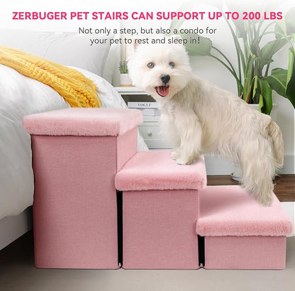 Dog Stairs with Furry Lids 18" H, 3-Step Wider Dog Steps with Storage for Small/Medium/Large Dogs Cats, Folding Sturdy Pet Stairs Climbing Bed or Sofa, Ramp for Car Hold Up to 200 lbs, Pink