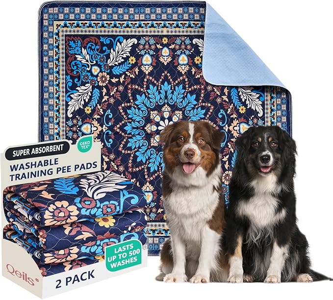 Qeils Washable Pee Pads, Reusable Puppy Pads Super Absorbent Leakproof Dog Training Pads, Non-Slip Wee Wee Pads for Crate, Floor, Potty Pads Feeding Mat Dog Pee 2 Pack 48"x48"
