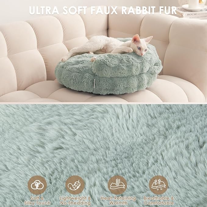 EHEYCIGA Extra Small Dog Bed and Cat Couch for Puppy and Kitten - Fluffy Faux Rabbit Fur Pet Sofa with Washable Removable Cover, Waterproof and Non-Slip, 20 Inch, Sage Green