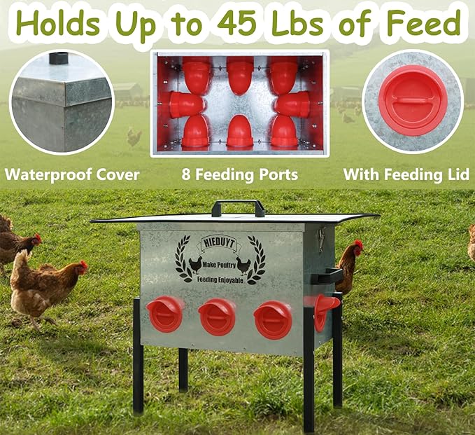 45LB Large Automatic Chicken Feeder, 8 Feeding Ports, No-Waste Poultry Feeder, Squirrel Proof Metal Chicken Feeder, with Adjustable Legs & Locking Lid and Waterproof Panel