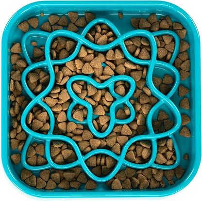 Messy Mutts Interactive Square Slow Feeder | Blue (8 Cup) | 11” x 11” Square Puzzle Slow Feeder for Dogs | Enrichment Food Dish for Slow Eating, Bloating