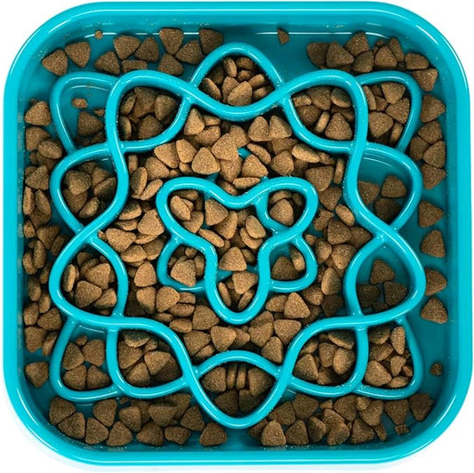 Messy Mutts and Cats Interactive Square Slow Feeder | Blue (2 Cup) | 8” x 8” Square Puzzle Slow Feeder for Dogs/Cats | Enrichment Food Dish for Slow Eating, Bloating