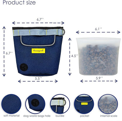 Dog Treat Pouch for Pet Walking and Training with Clicker 2 Cup Silicone Bag Small Fanny Pack Holder for Puppy Snack Dispenser Kit for Leash and Outdoor Use (Blue)