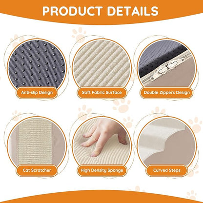 Pet Stairs, Dog Stairs for Small Dogs, Dogs Steps, 3-Step Curved Dog Ramp for Bed, Couch, Sofa, Car and Chairs, Non-Slip Bottom Design, Cat Scratching Board, High Density Foam Portable Pet Step, Beige