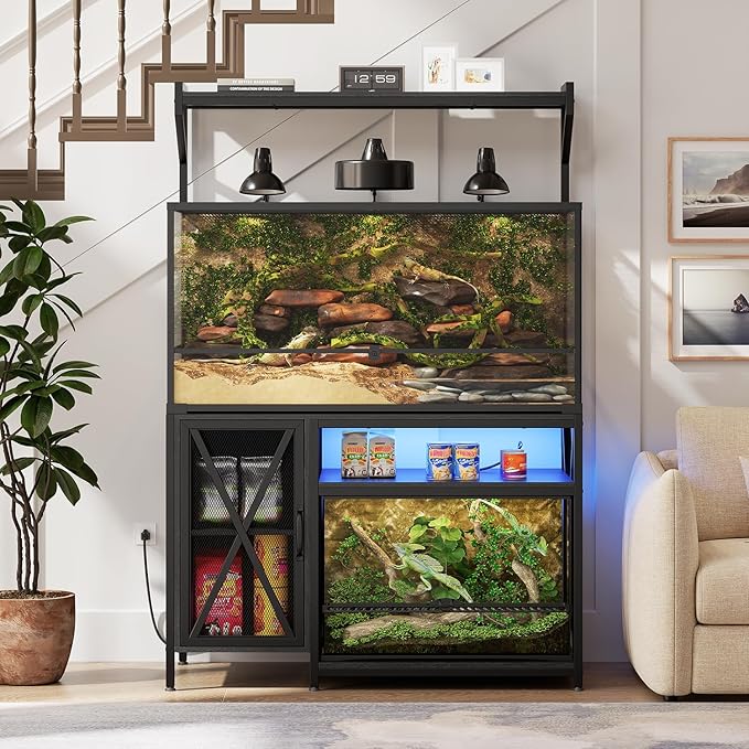 40-120 Gallon Reptile Tank Stand with Power Outlet, 48" X 69" Terrarium Enclosure with Storage Cabinet, Heavy Duty Large Aquarium Stand for Bearded Dragon, Snakes, Lizards