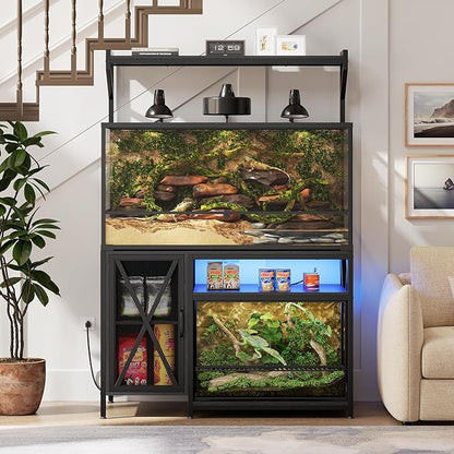 40-120 Gallon Reptile Tank Stand with Power Outlet, 48" X 69" Terrarium Enclosure with Storage Cabinet, Heavy Duty Large Aquarium Stand for Bearded Dragon, Snakes, Lizards