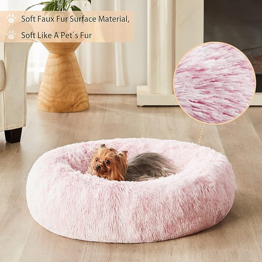 WNPETHOME Calming Dog Bed Cat Bed Donut, Faux Fur Pet Bed Self-Warming Donut Cuddler, Comfortable Round Plush Dog Beds (24 x 24 x 8 Inch, Light Pink)
