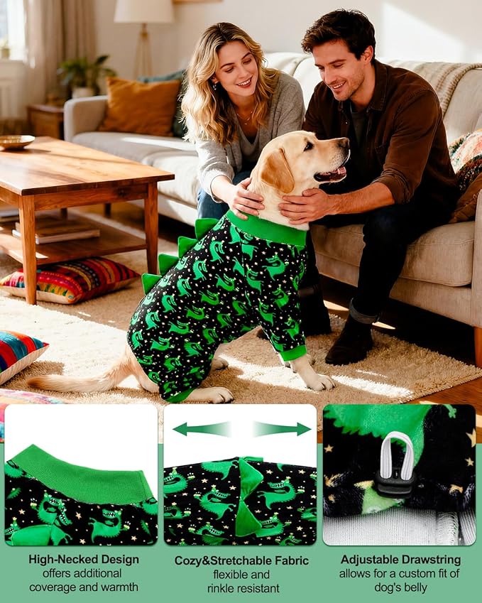 CuteBone Dinosaur Costume Dog Pajamas, Stretchy Spandex Crystal Velvet Sleepwear Coat for Small Dogs, Soft & Warm Pet Outfit Clothes for Cold Weather, Cozy Pullover Design COSP14-3XL