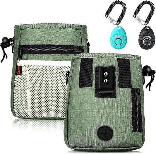 Dog Treat Pouch-3 Ways to Wear Treat Pouches for Pet Training and 2 Pieces Clicker Taining for Dogs,Dog Training Treat Pouch Bag and Dog Clicker for training with Waist Belt Shoulder Strap-Dark Green