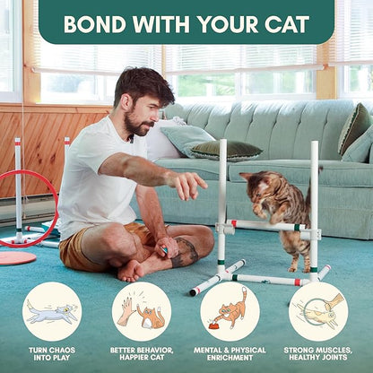 ALBERT & MIA CATGILITY Cat Agility Equipment + Clicker Trainer Guide – Exercise Agility Course – Jumping Hurdles & Hoop, Tunnel (Small Dog & Cat Training) Clicker Training Obstacle Course for Cats
