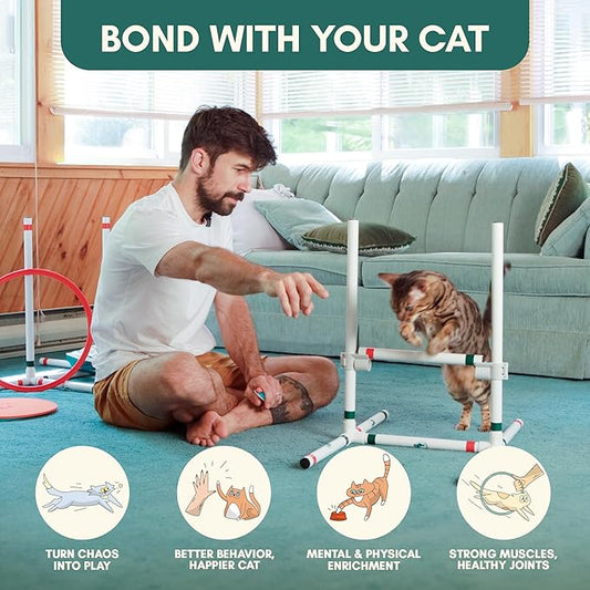 ALBERT & MIA CATGILITY Cat Agility Equipment + Clicker Trainer Guide – Exercise Agility Course – Jumping Hurdles & Hoop, Tunnel (Small Dog & Cat Training) Clicker Training Obstacle Course for Cats