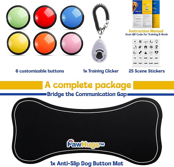 Dog Buttons for Communication with Mat & Clicker – 30s Recordable Dog Buttons Talk, Talking Buttons for Dogs, Gift for Dog Owners with Training Guide, Custom Stickers, and Clear Sound (6-Pack)