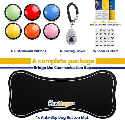 Dog Buttons for Communication with Mat & Clicker – 30s Recordable Dog Buttons Talk, Talking Buttons for Dogs, Gift for Dog Owners with Training Guide, Custom Stickers, and Clear Sound (6-Pack)