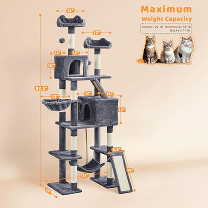 Yaheetech Cat Tree, 82.5in Large Tower w/Hammock, 2 Kitty-Ear Perches, 2 Cozy Condos, Scratching Posts, Basket, Furniture for Large Cats, Kittens, Dark Gray